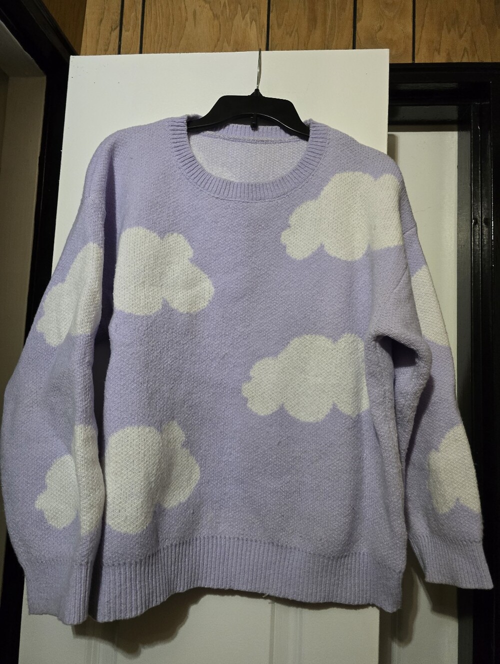 Shein Women's Lavender Crewneck Sweater w White Cloud Motif All Over - Medium